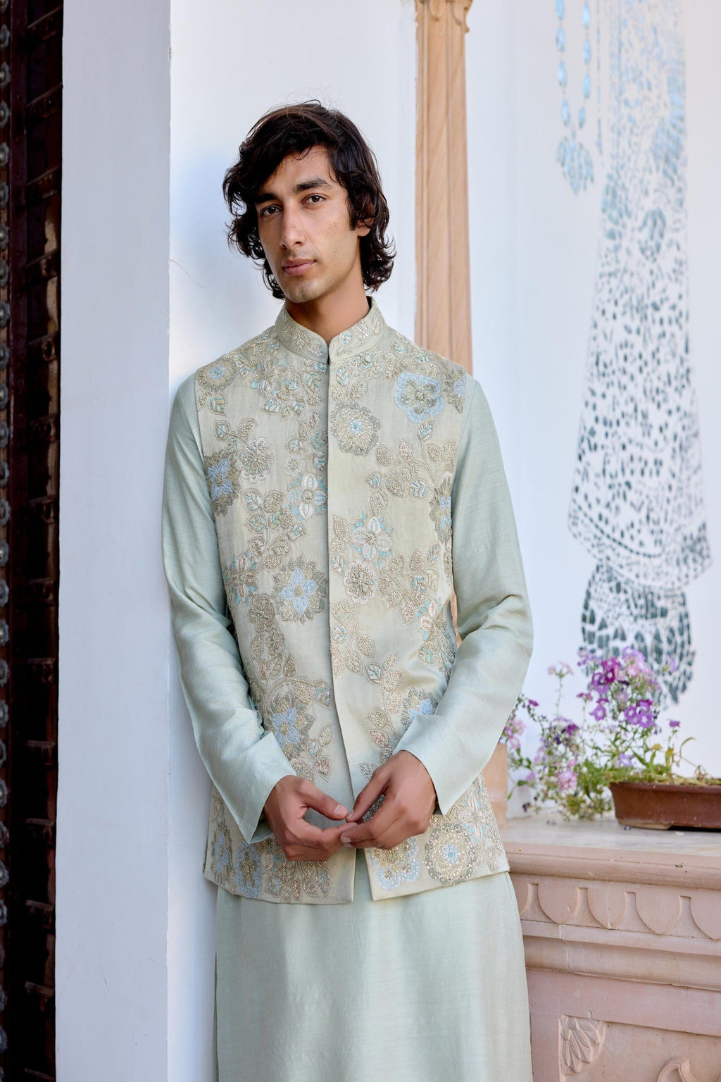 Sage Embroidered Nehru Jacket Set
