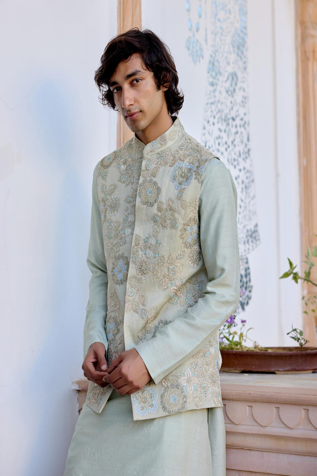 Sage Embroidered Nehru Jacket Set