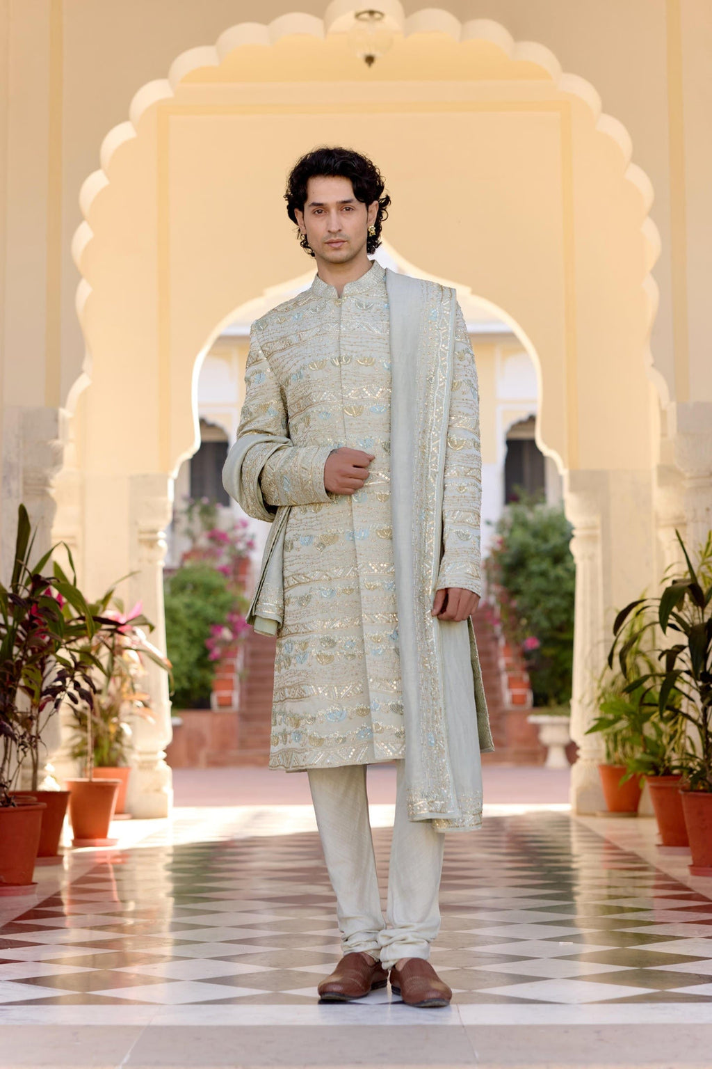Sage Embroidered Sherwani Set