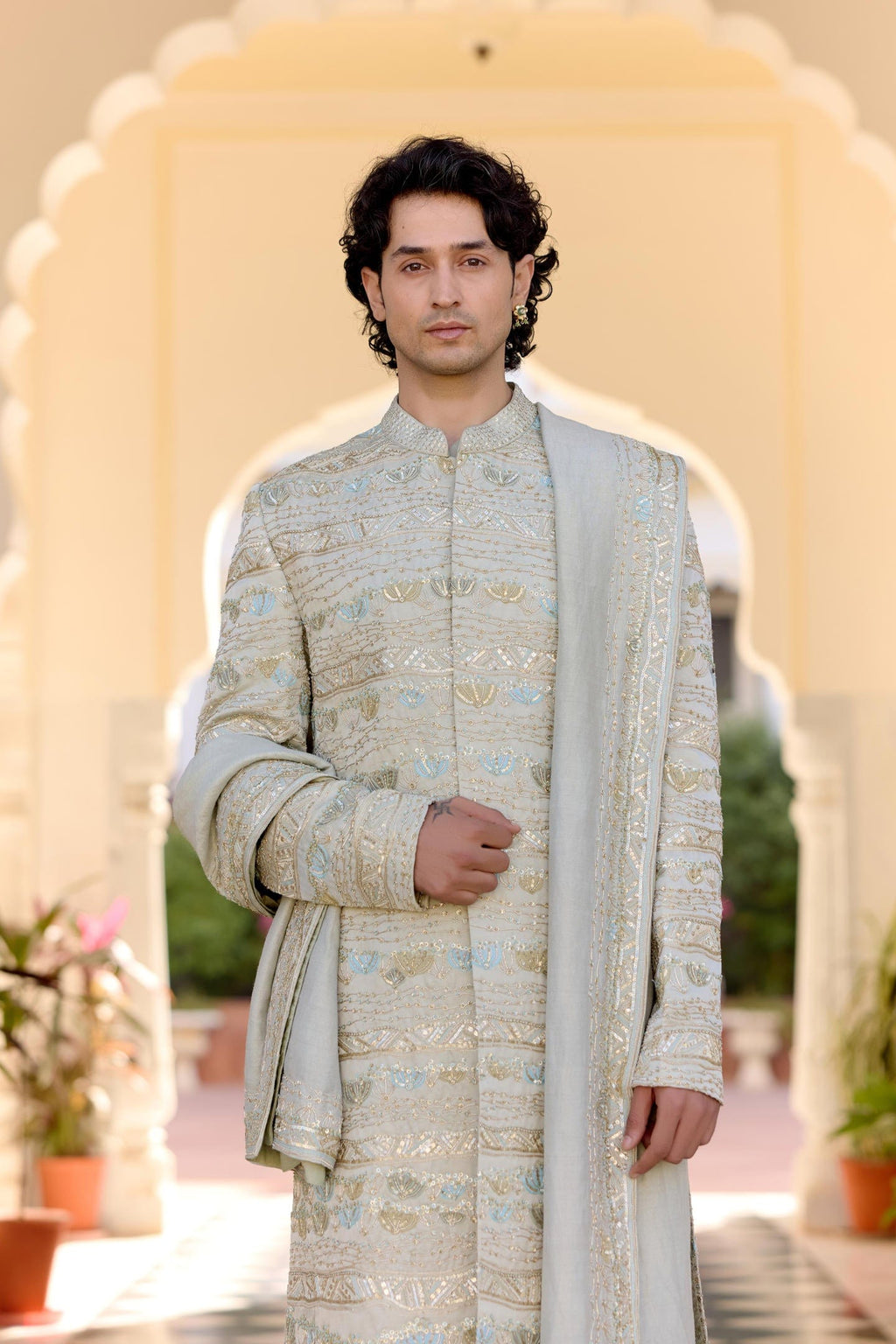 Sage Embroidered Sherwani Set