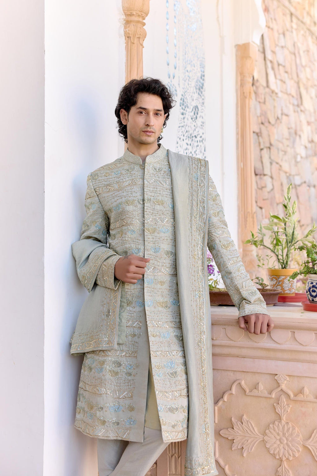 Sage Embroidered Sherwani Set