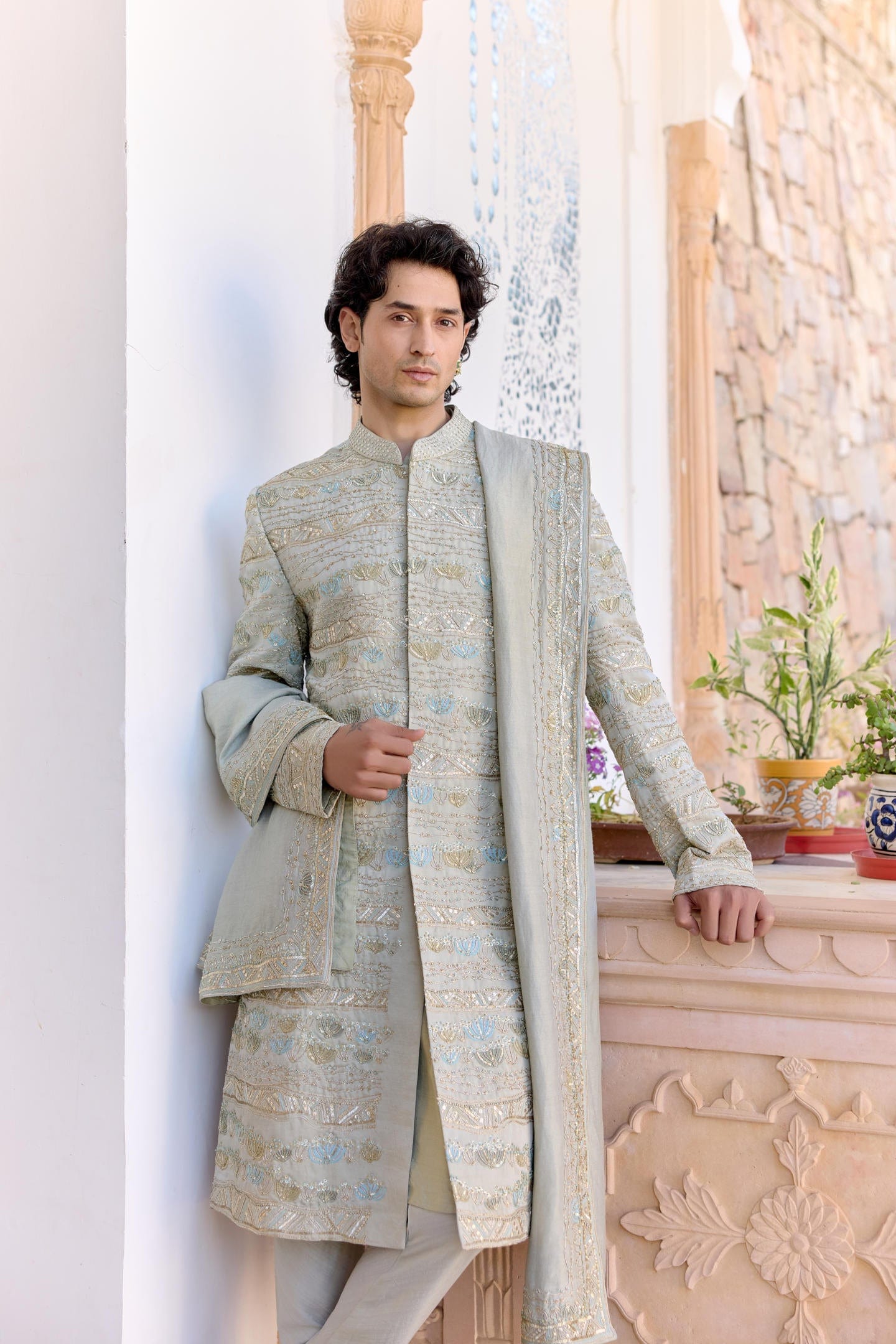 Sage Embroidered Sherwani Set