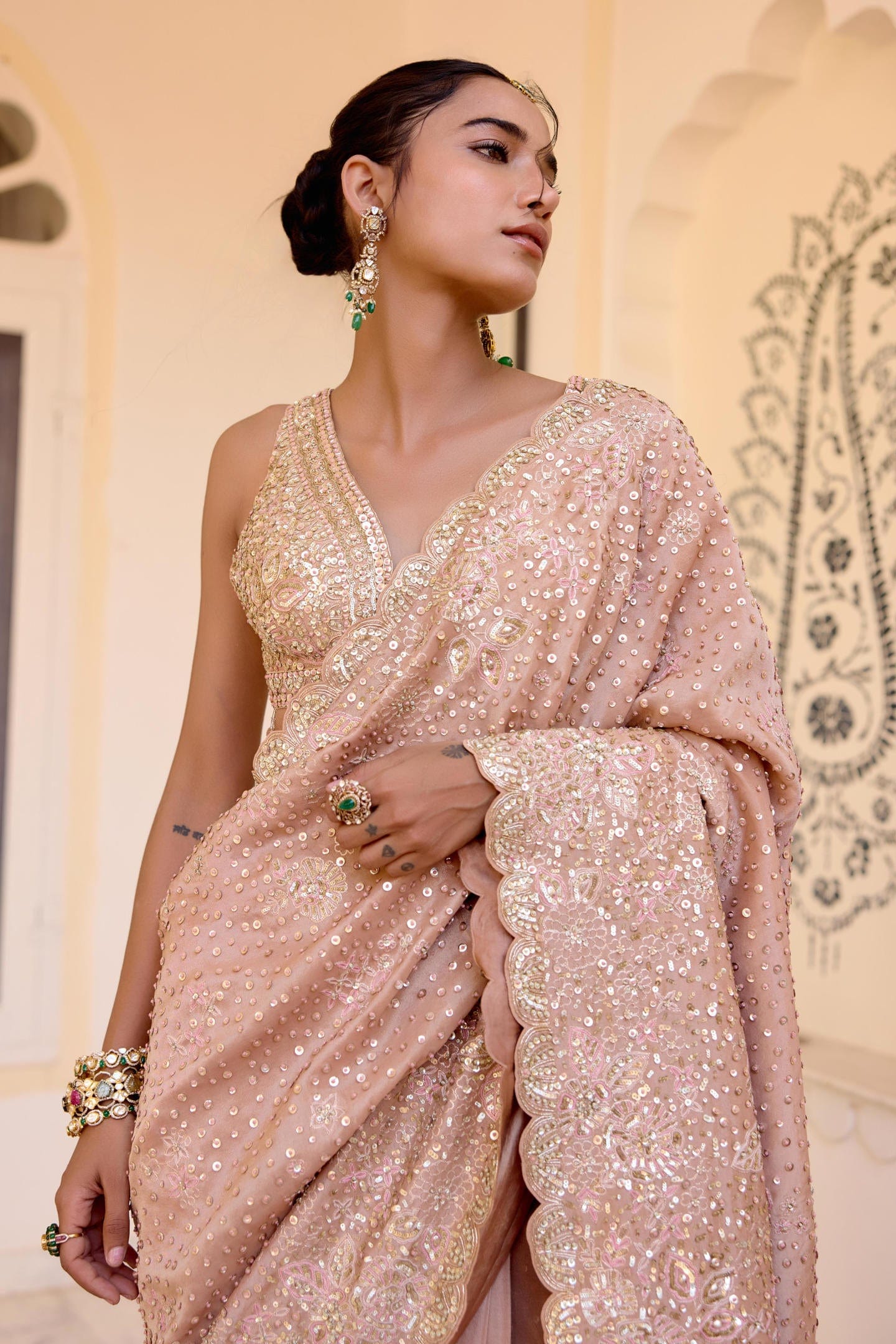 Caramel Taupe Tissue Saree Set