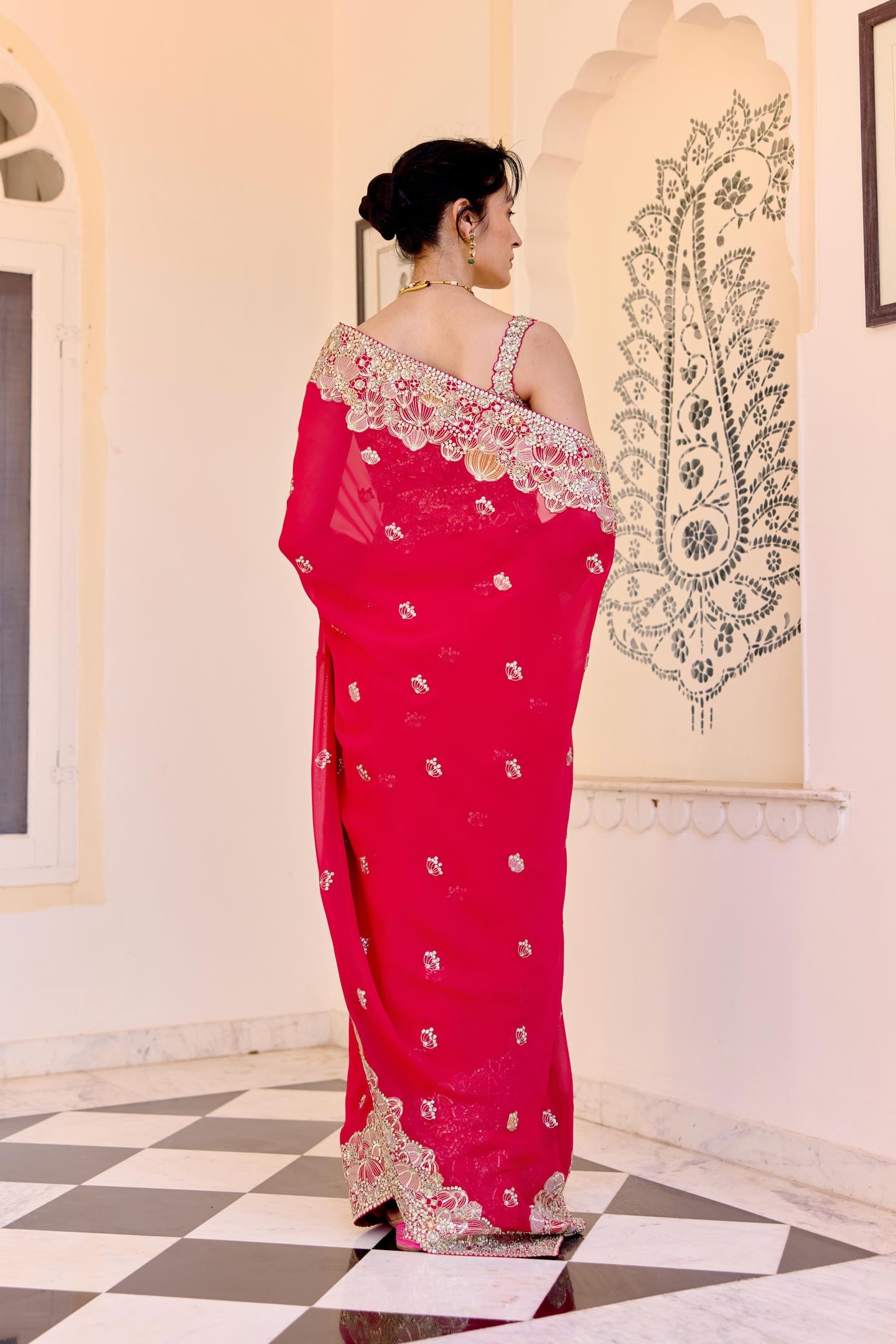 Red Embroidered Saree Set