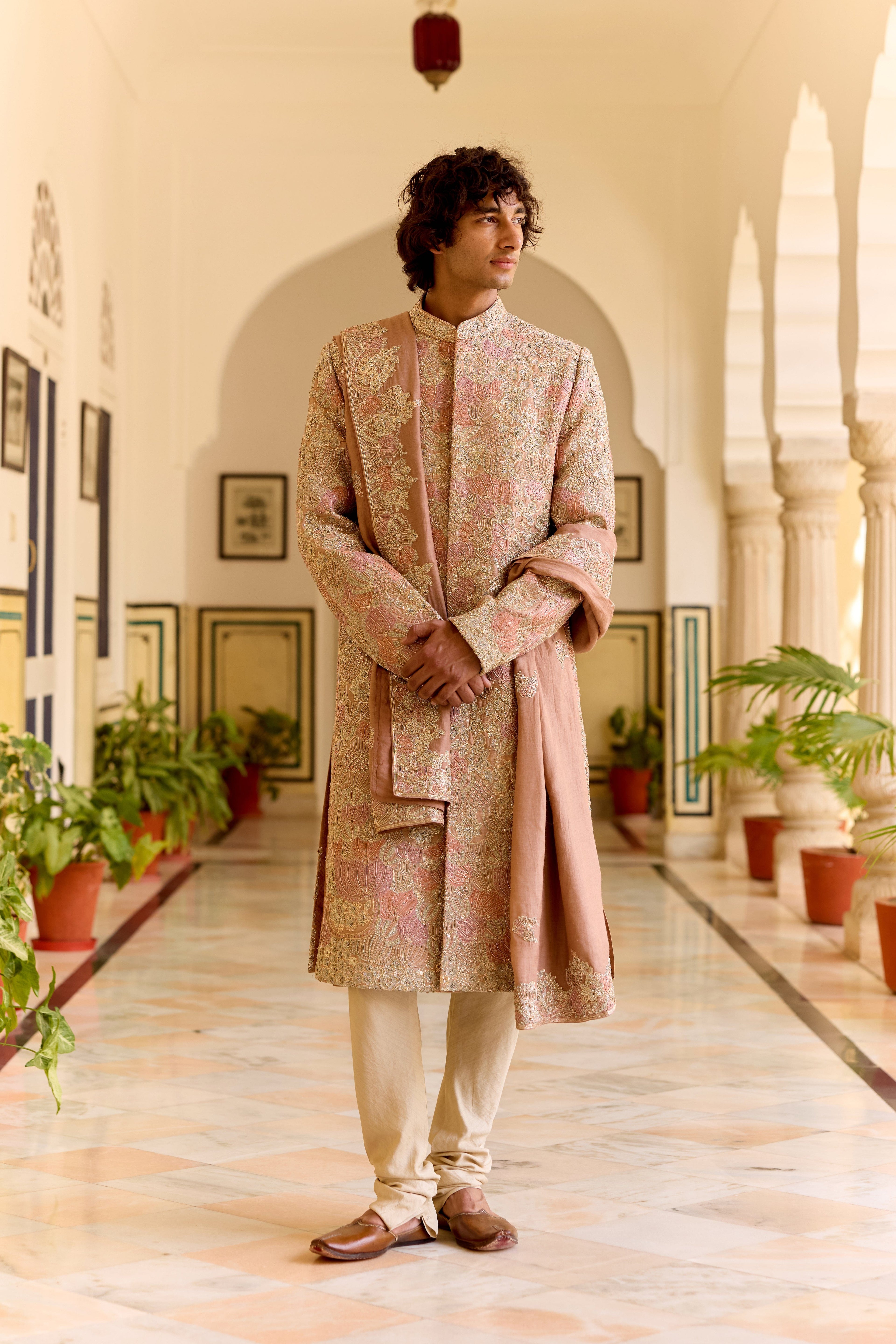 Caramel Taupe embroidered Sherwani Set