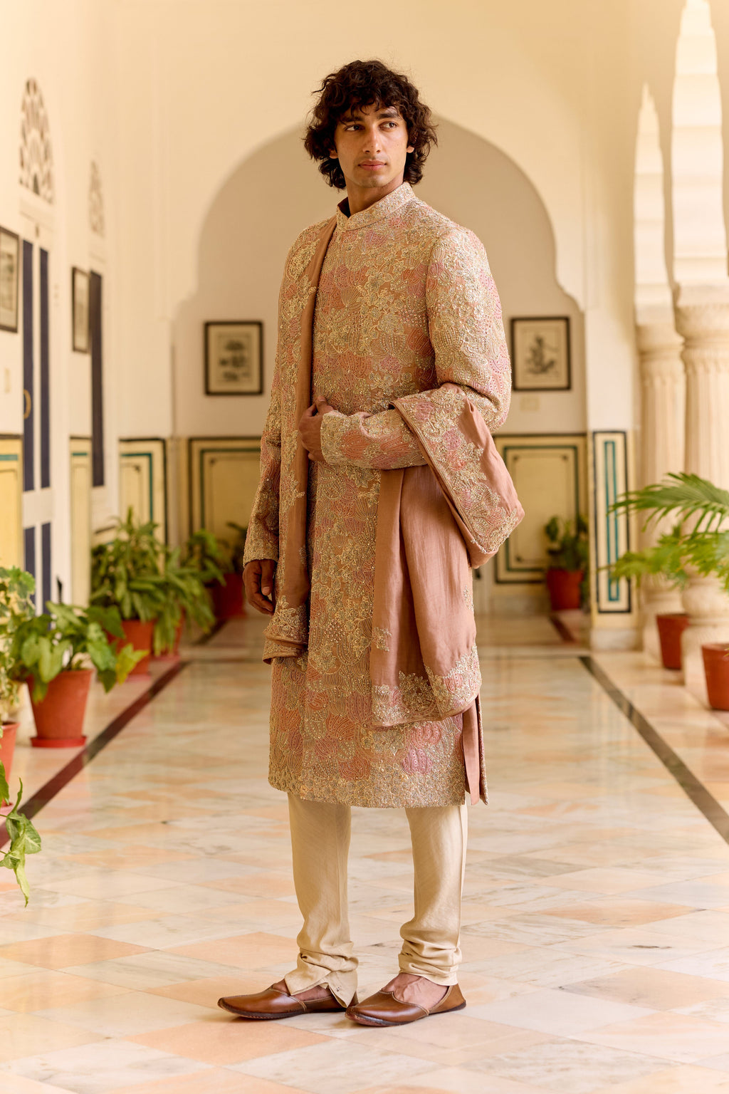 Caramel Taupe embroidered Sherwani Set