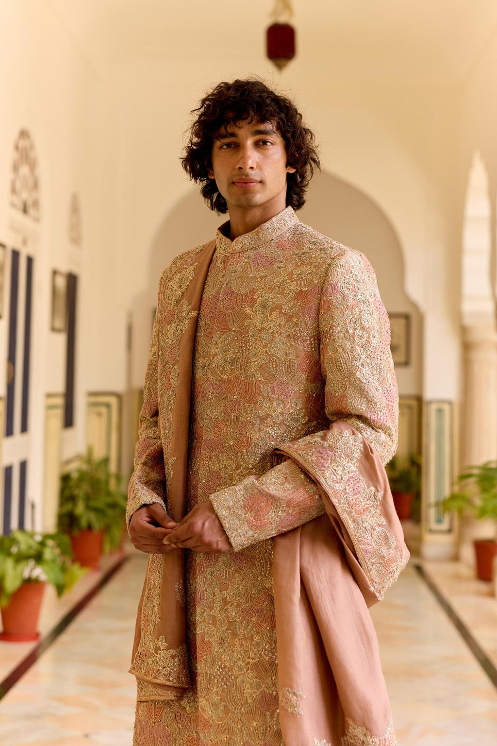 Caramel Taupe embroidered Sherwani Set