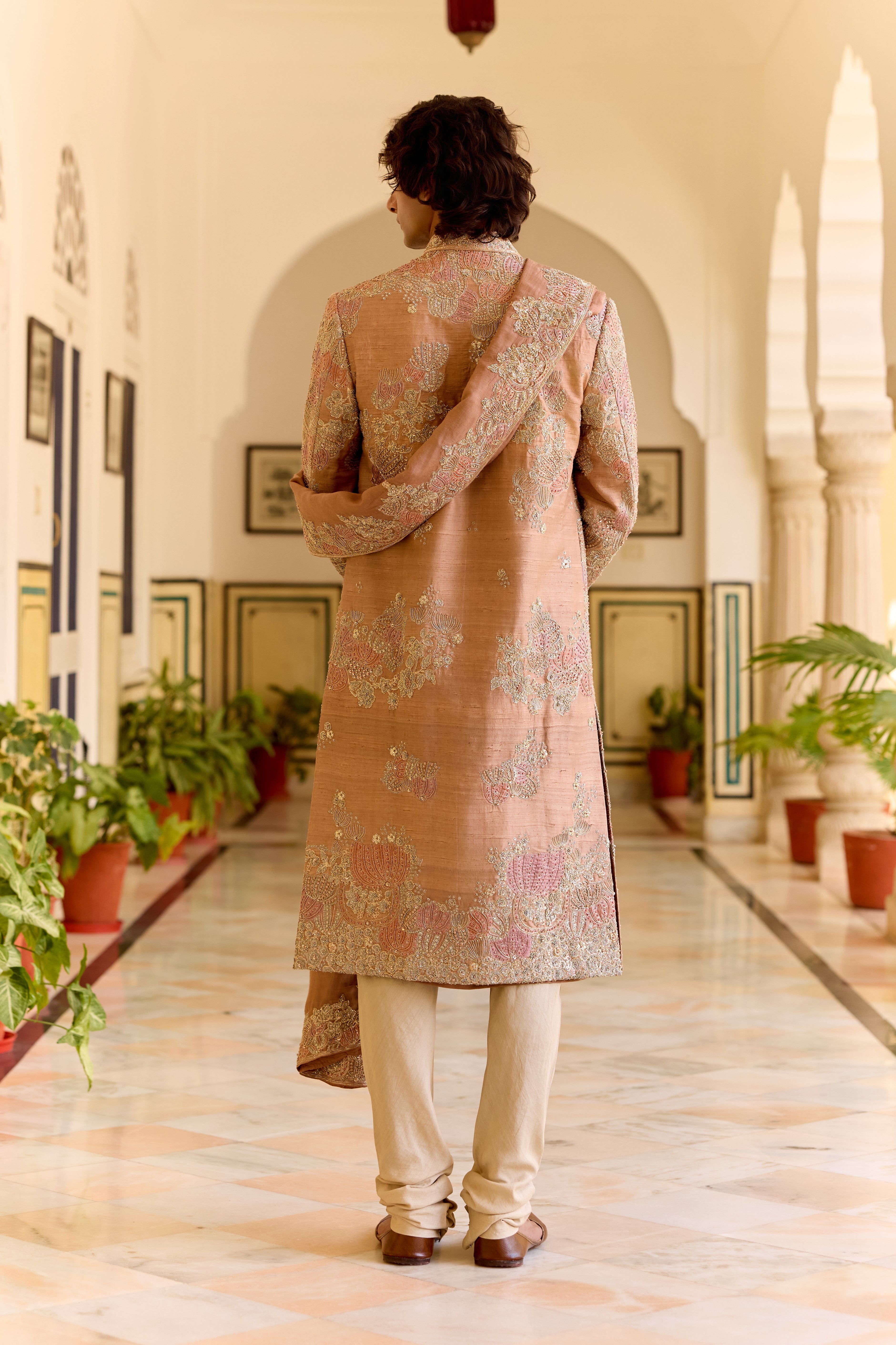 Caramel Taupe embroidered Sherwani Set