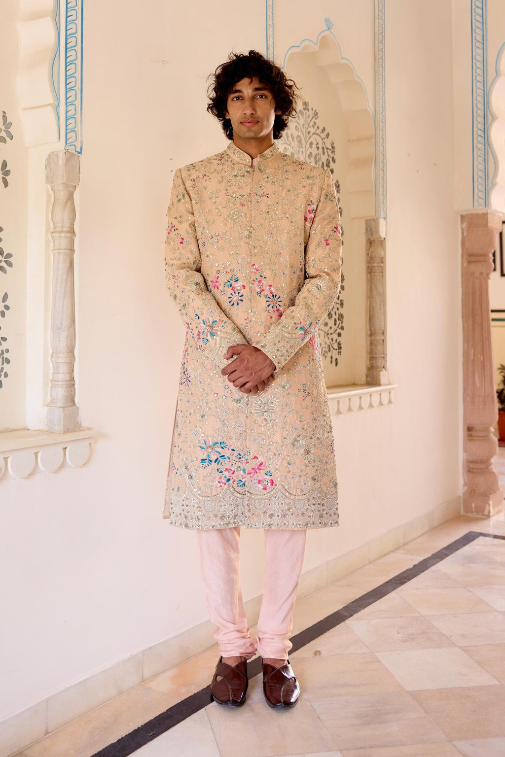 Cashmere Tan Embroidered Sherwani Set