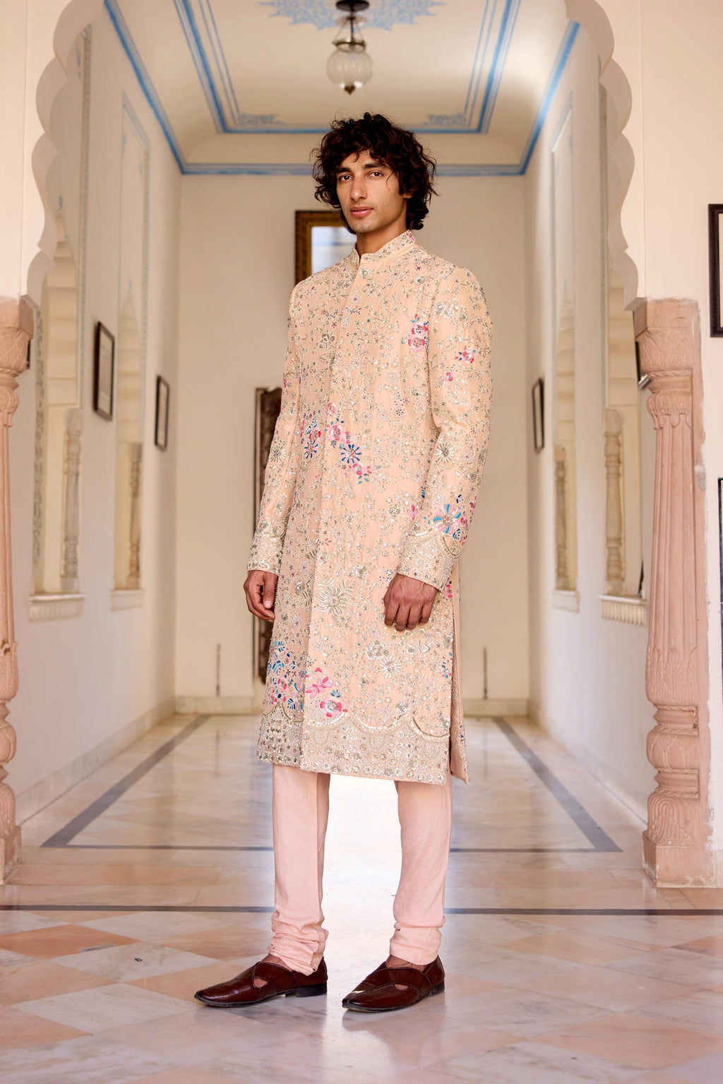 Cashmere Tan Embroidered Sherwani Set