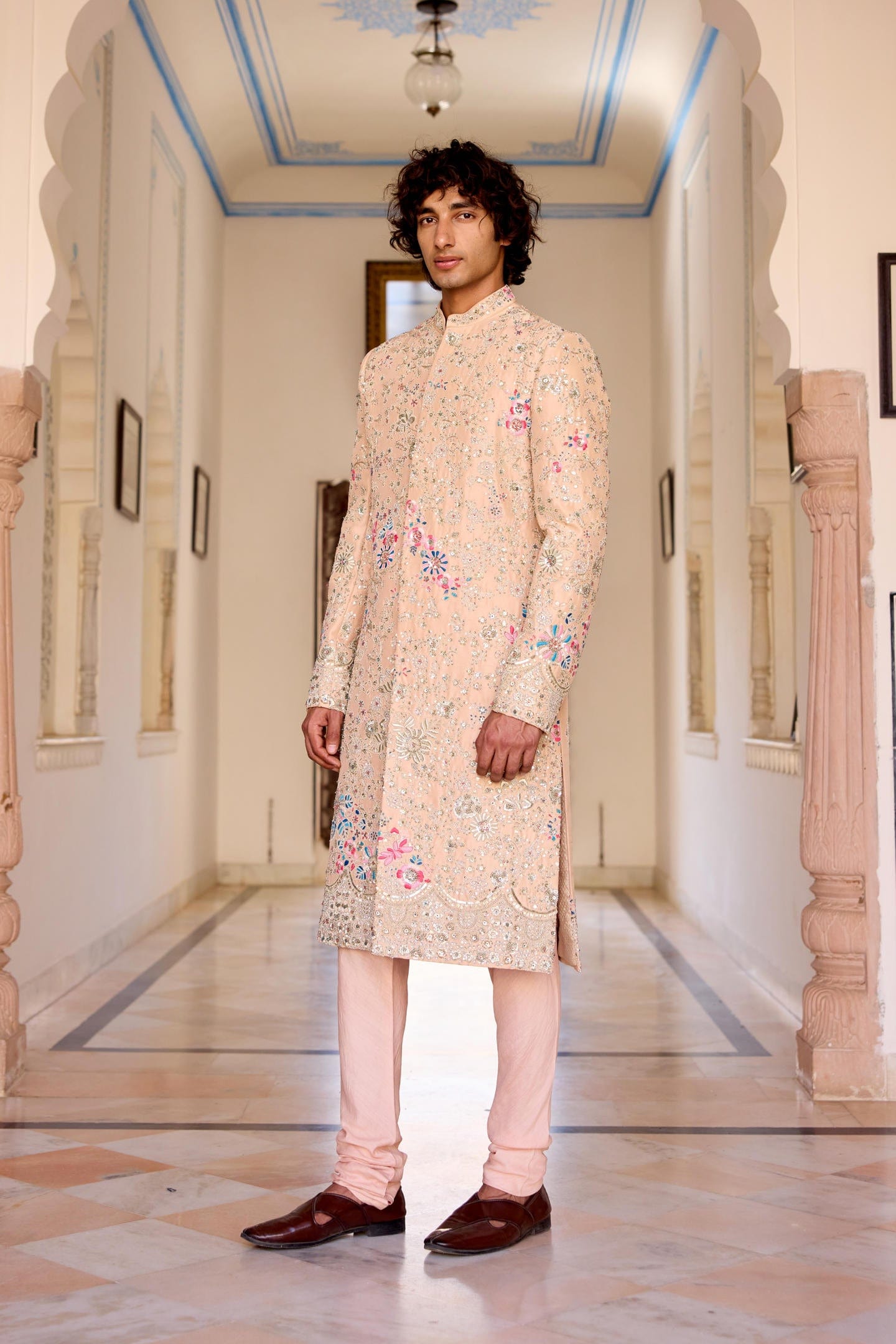 Cashmere Tan Embroidered Sherwani Set