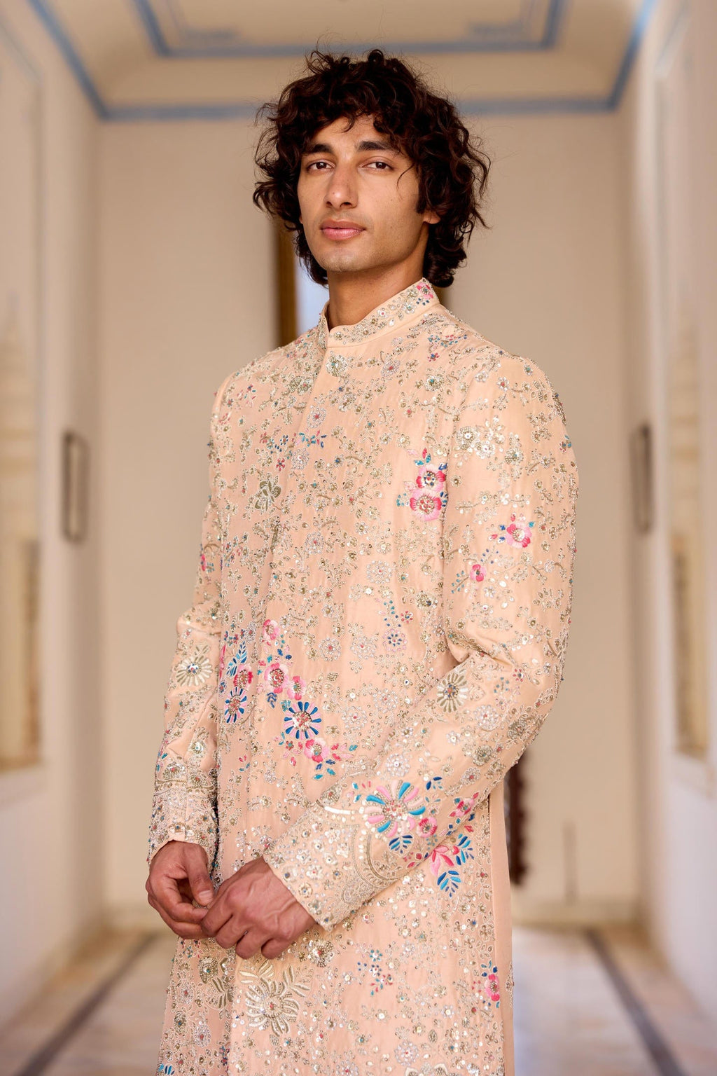 Cashmere Tan Embroidered Sherwani Set