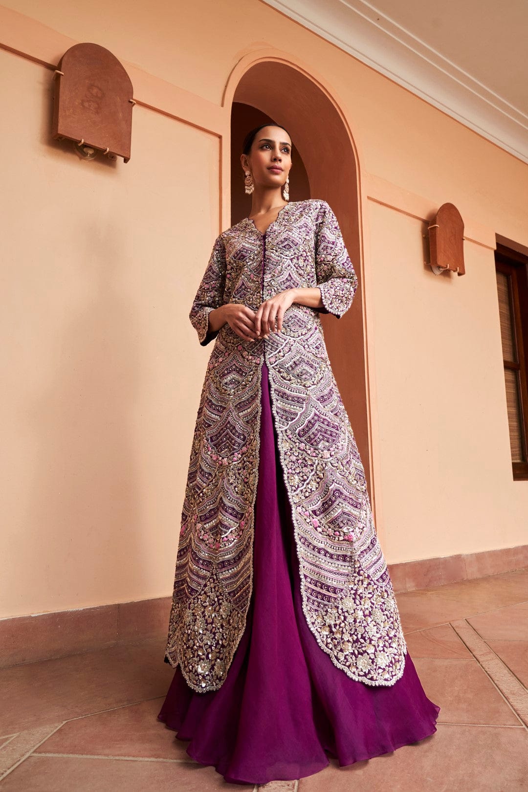 Aubergine Embroidered Layered Jacket Set