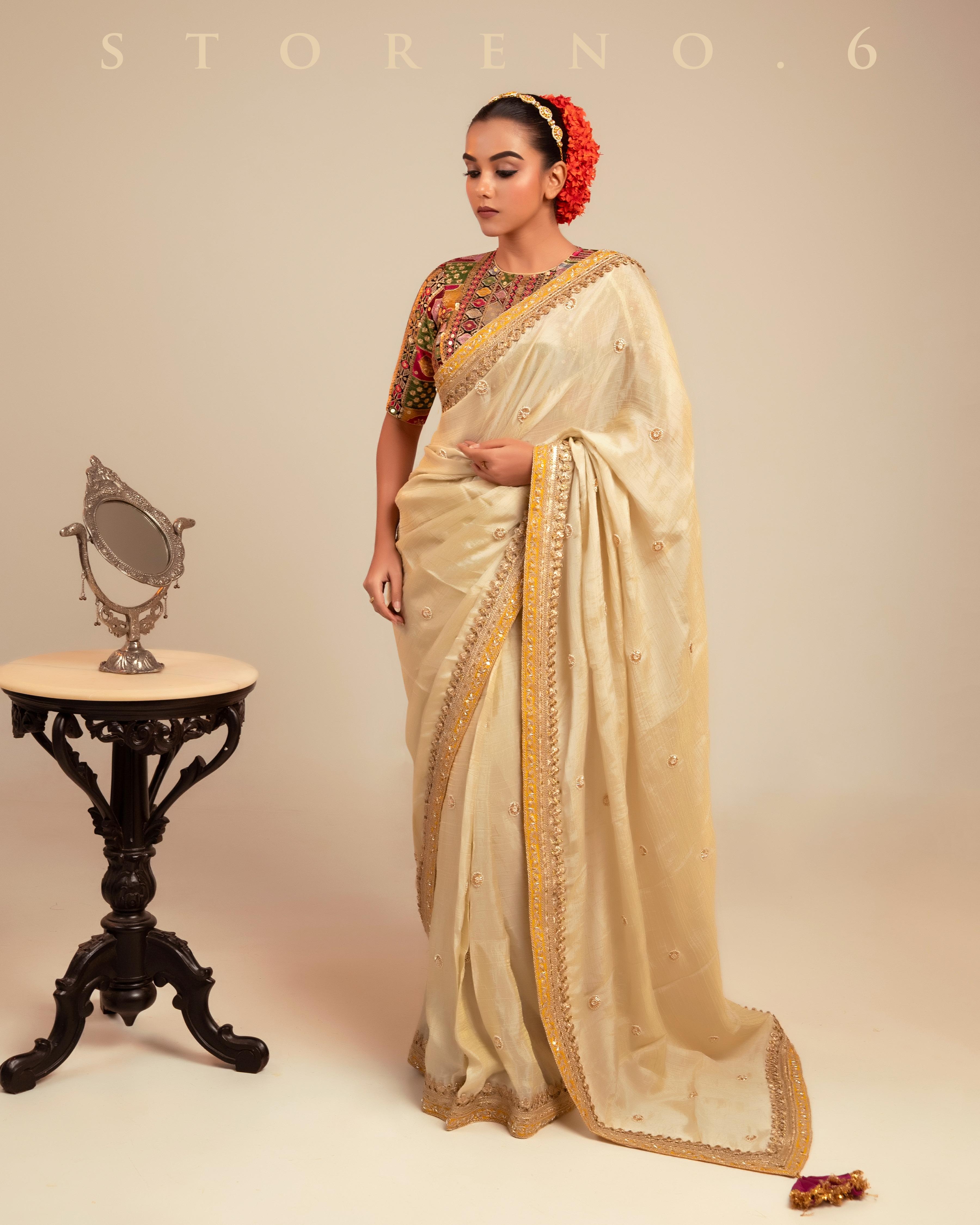 PEARL PRISTINE SAREE WITH GUL KAARI SIAH EDGE BLOUSE