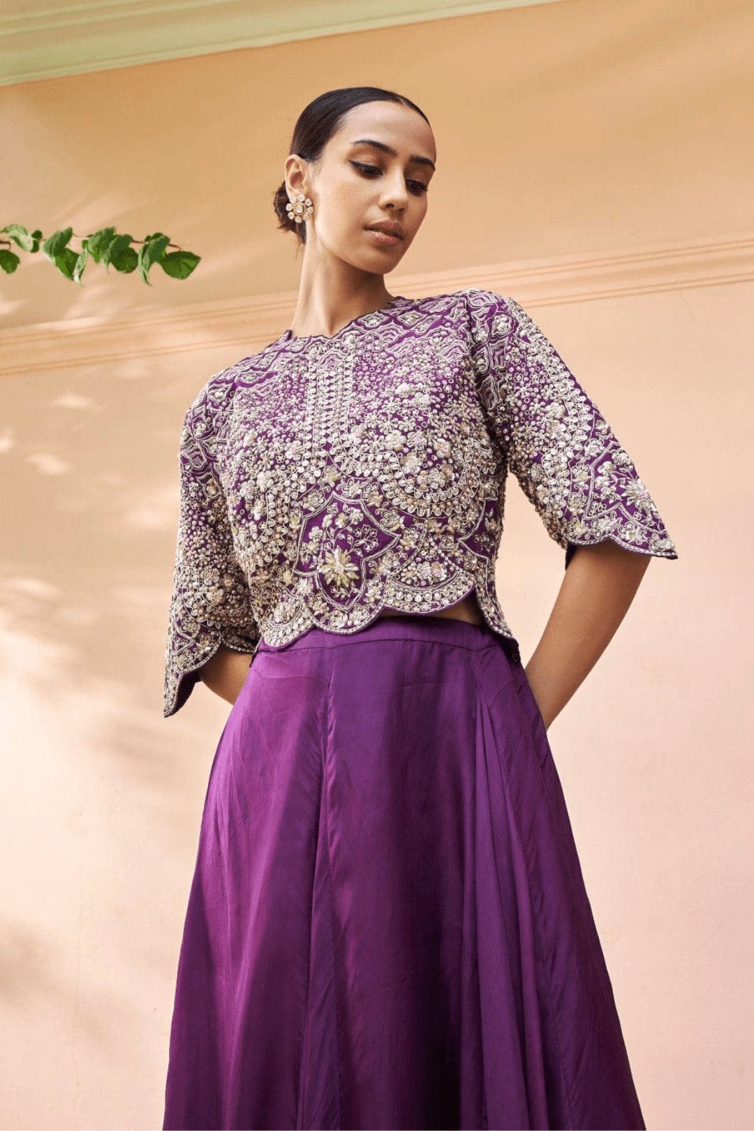 Aubergine Embroidered Top And Skirt